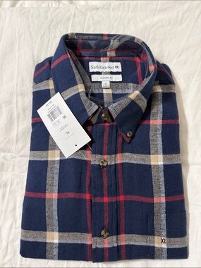 Saddlebred Navy Plaid Button-Down Shirt with Red and Tan Stripes